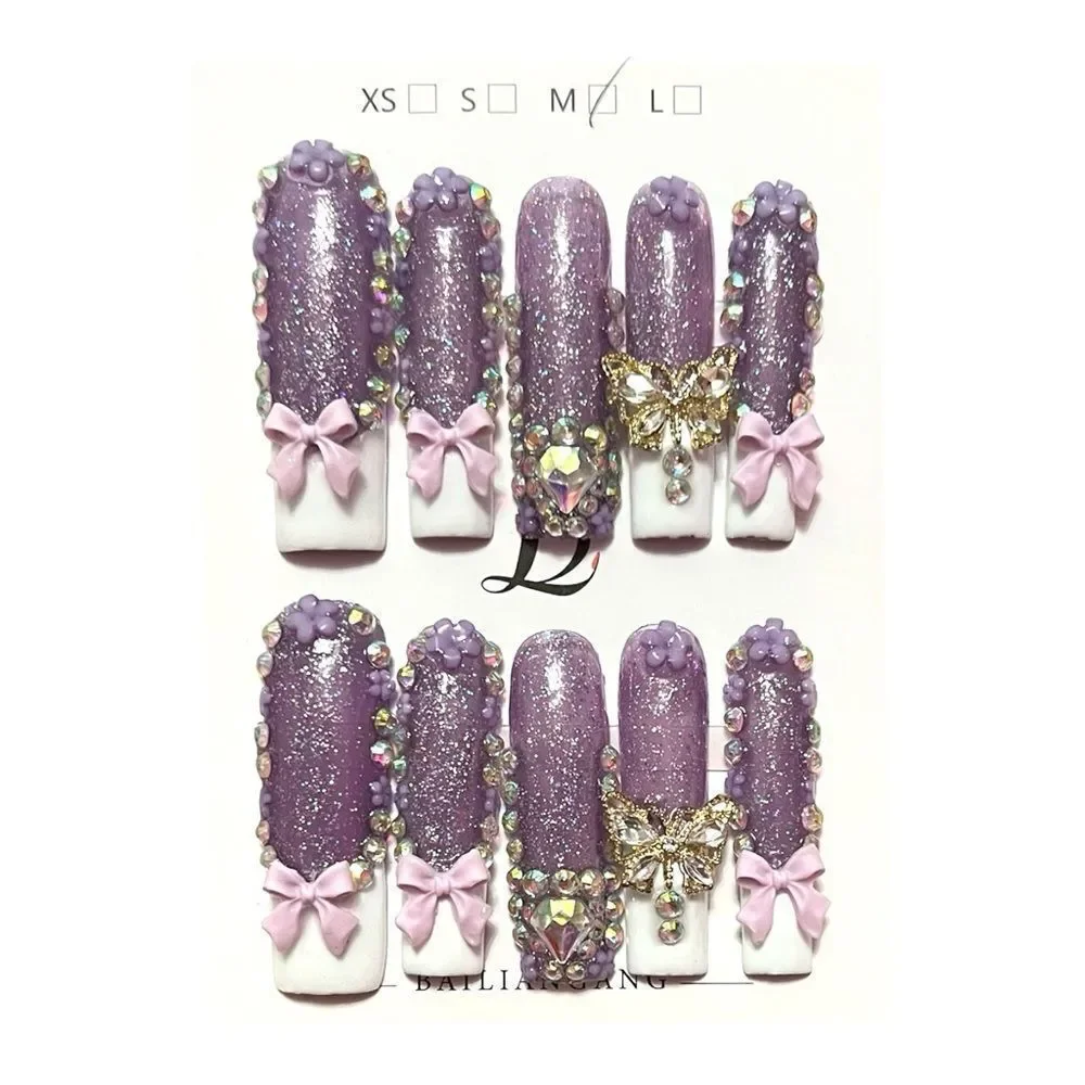 Stylish Handmade Purple White French Tip Gems Extra Long Press-On Nails Size M